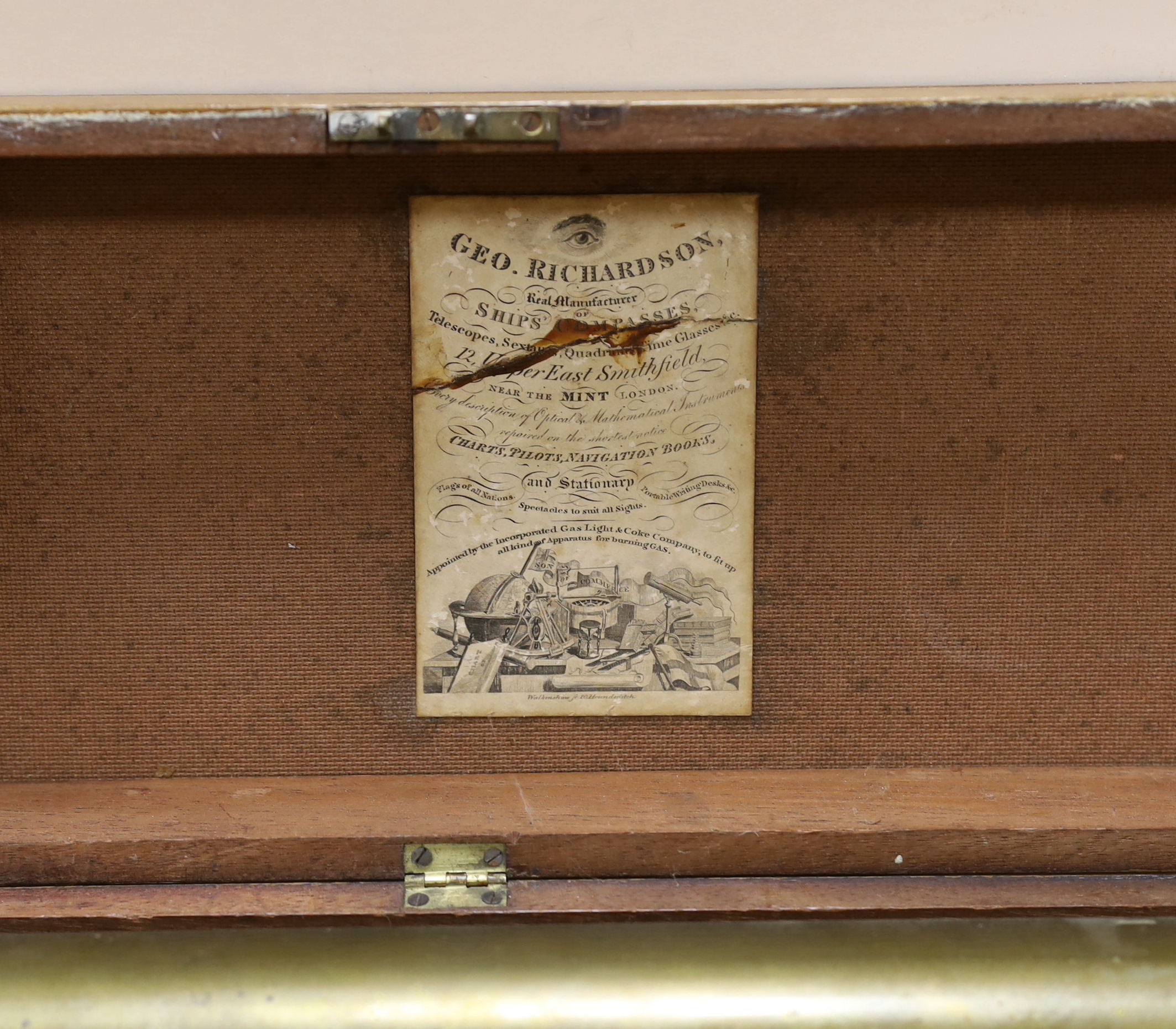 A cased Victorian brass telescope on folding tripod by George Richardson, London, case 78.5cm